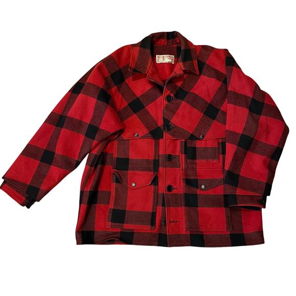 Filson Jacket Coat 100% Wool Mackinaw Cruiser Red Black Plaid Mens 48 XXL - Picture 1 of 7